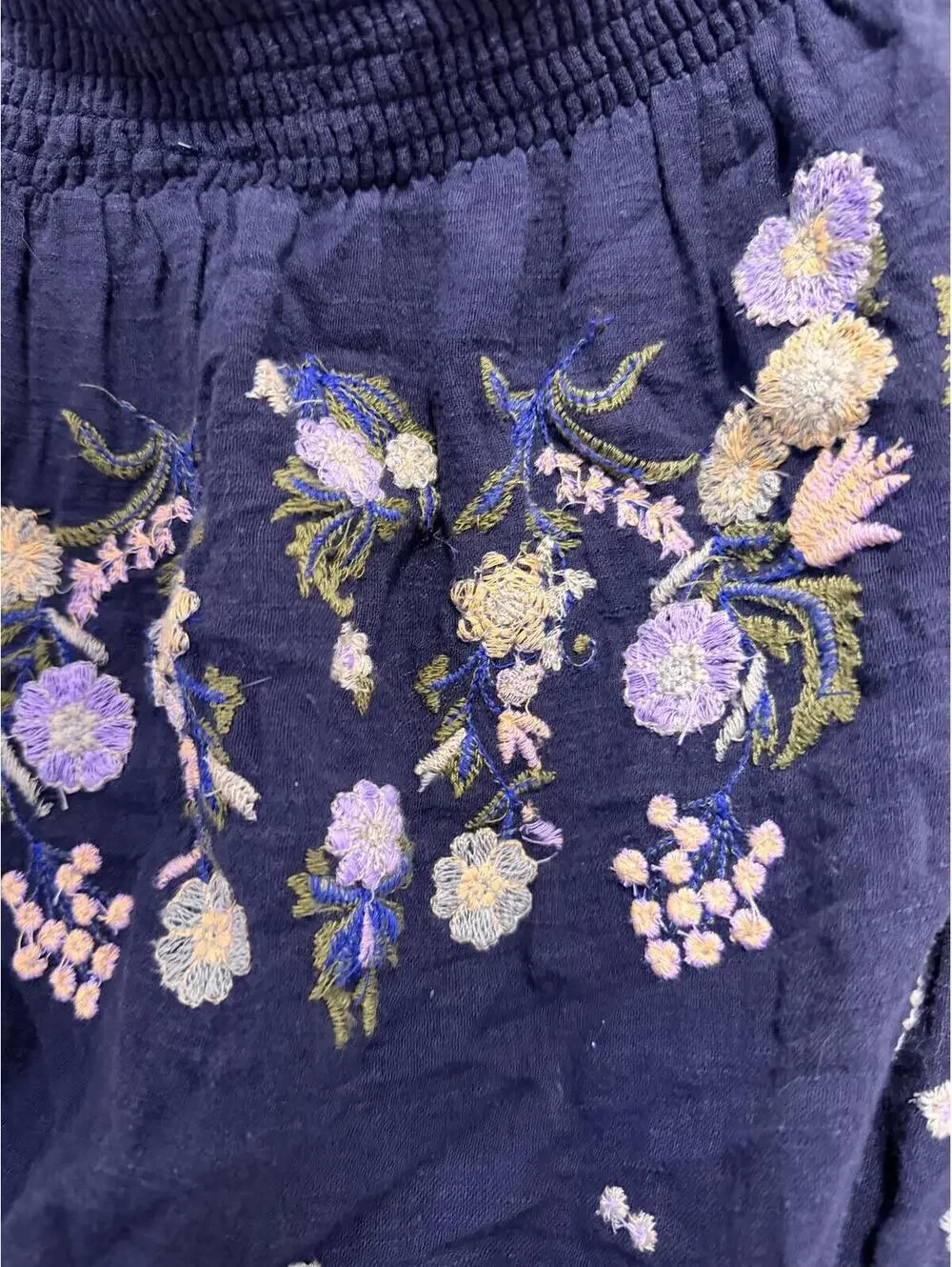 Free People Navy Embroidered Off Shoulder Peasant Top XS Boho Floral
